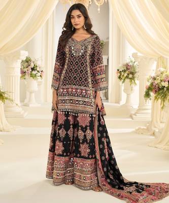 black crepe silk farshi salwar suit with aari work design 1