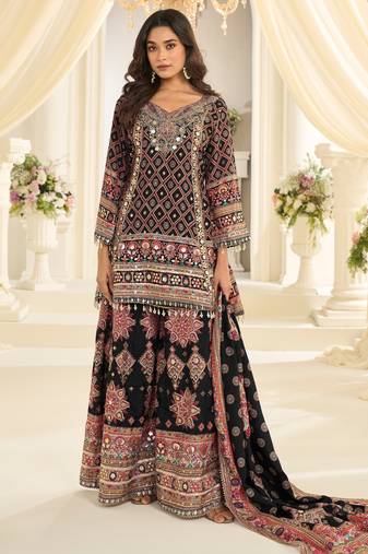 Designer salwar kameez in crepe silk with digital print & aari work