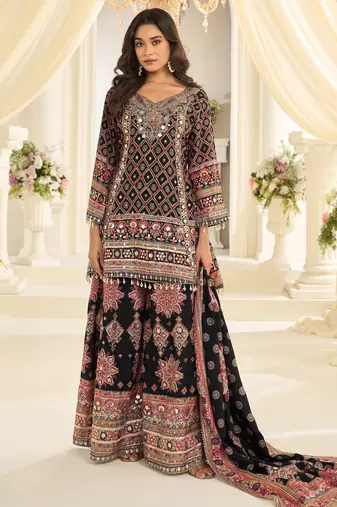 Designer salwar kameez in crepe silk with digital print & aari work