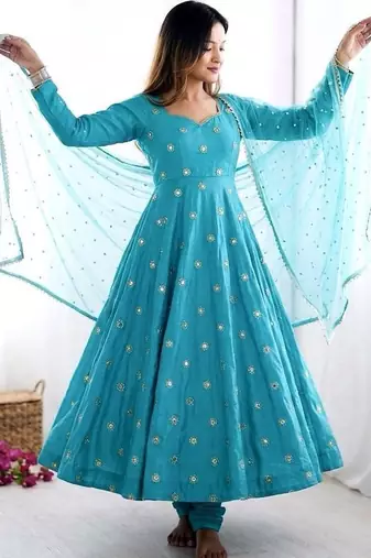 Vichitra silk embroidered gown set with pant & tissue dupatta