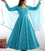 teal vichitra silk embroidered anarkali set with dupatta