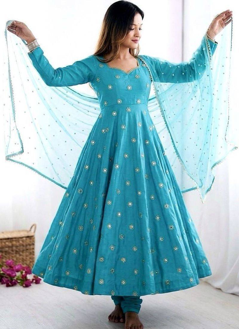 Vichitra silk embroidered gown set with pant & tissue dupatta