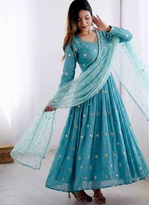 teal vichitra silk embroidered anarkali set with dupatta 2