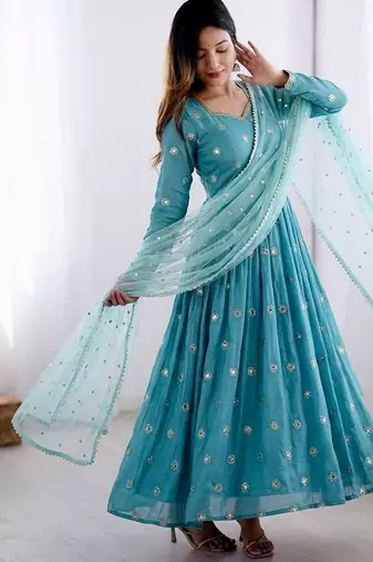 teal vichitra silk embroidered anarkali set with dupatta