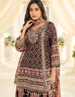 black crepe silk farshi salwar suit with aari work design 2