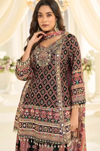 black crepe silk farshi salwar suit with aari work design