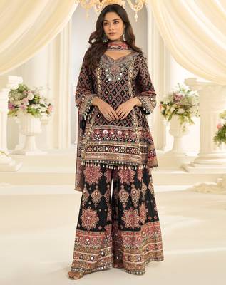 black crepe silk farshi salwar suit with aari work design 3