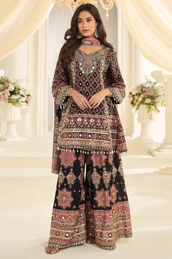 black crepe silk farshi salwar suit with aari work design