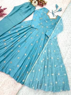 teal vichitra silk embroidered anarkali set with dupatta 4