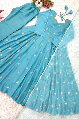 teal vichitra silk embroidered anarkali set with dupatta