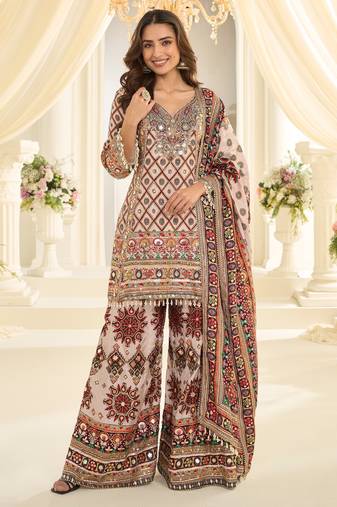 Designer salwar kameez in crepe silk with digital print & aari work