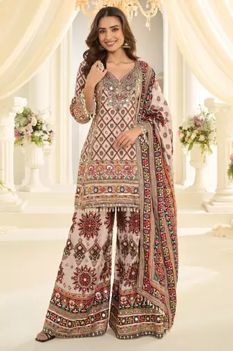 Designer salwar kameez in crepe silk with digital print & aari work