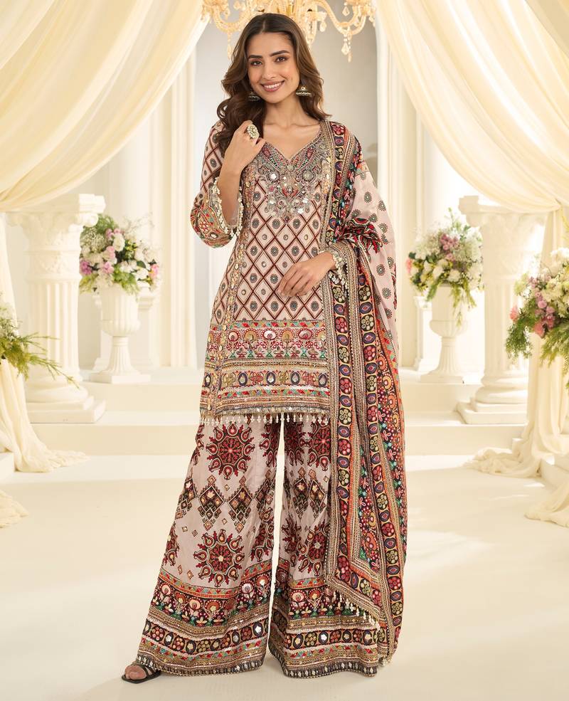 Designer salwar kameez in crepe silk with digital print & aari work