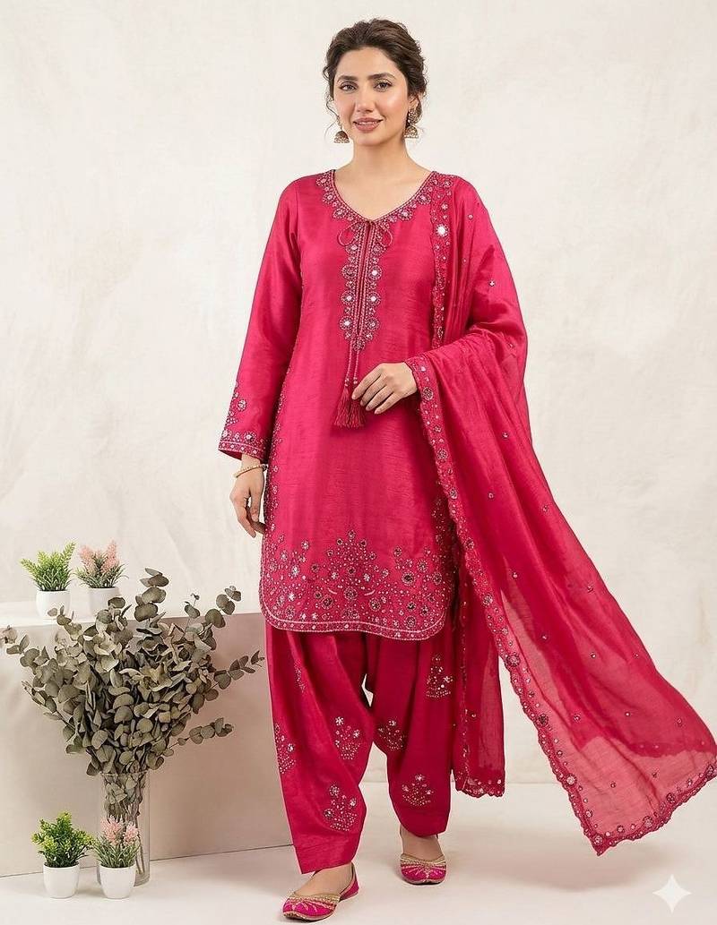 Chinon farshi salwar suit with sequin embroidered top & dupatta