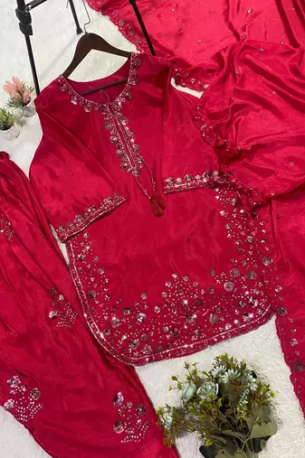hot pink silk blend salwar suit with sequin design