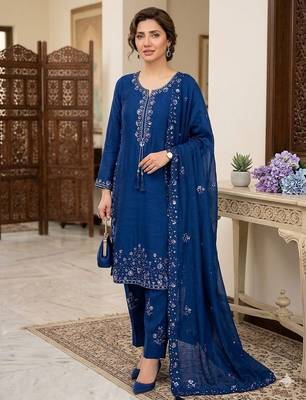 blue silk blend farshi suit with embroidered work 1