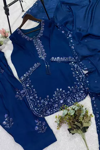 blue silk blend farshi suit with embroidered work