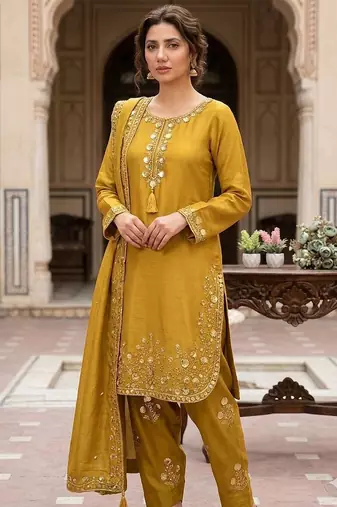 Chinon farshi salwar suit with sequin embroidered top & dupatta