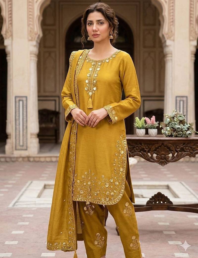 Chinon farshi salwar suit with sequin embroidered top & dupatta