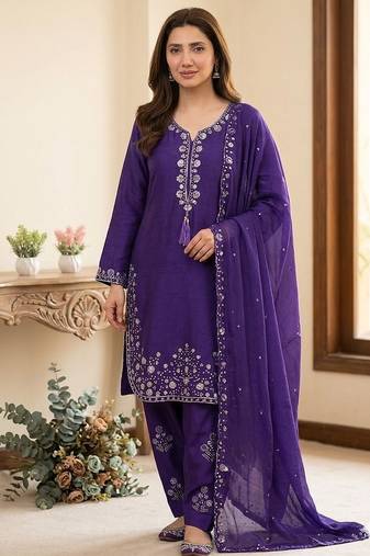 Chinon farshi salwar suit with sequin embroidered top & dupatta