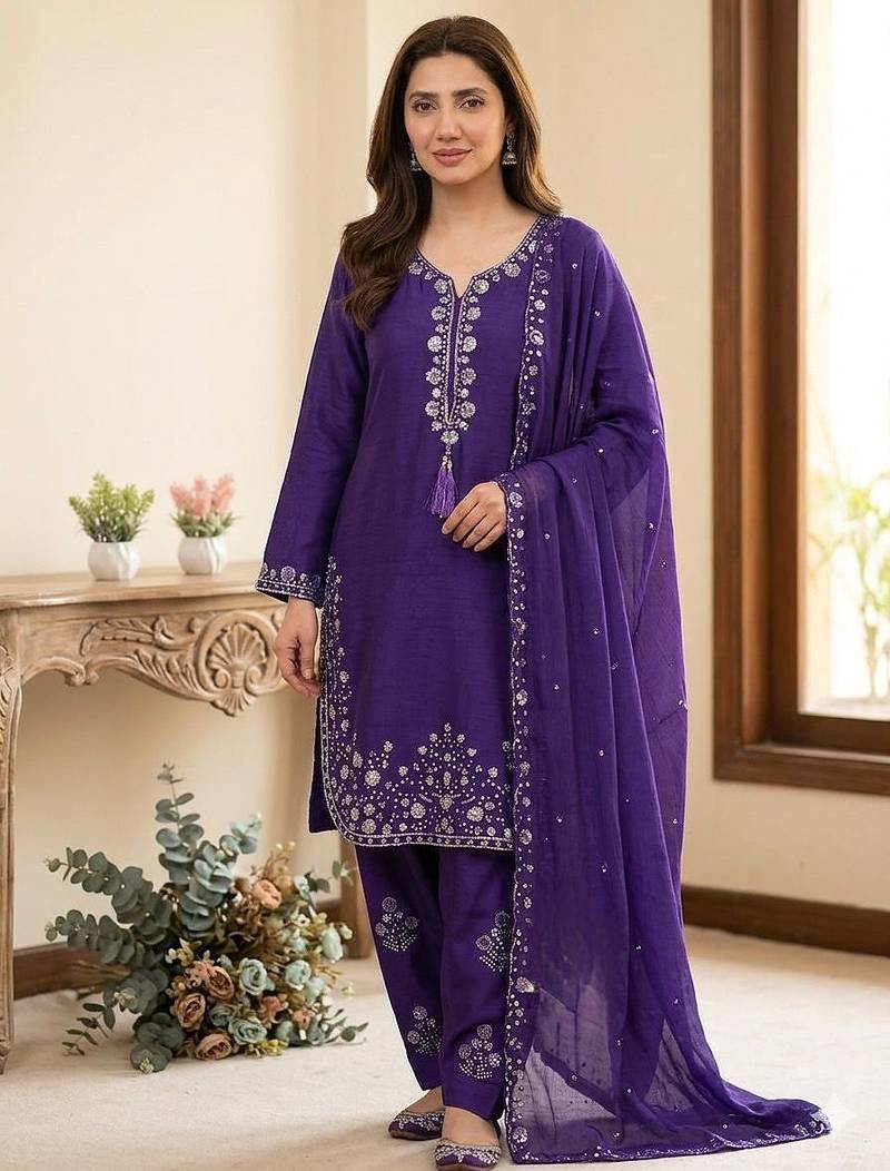 Chinon farshi salwar suit with sequin embroidered top & dupatta