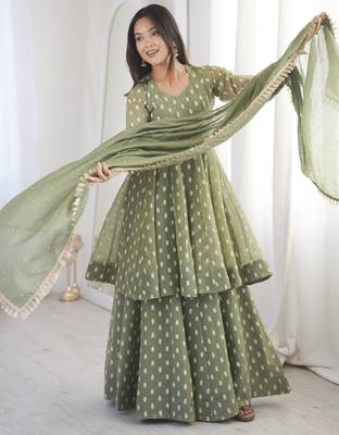 olive green silk sharara suit with jacquard butti & dupatta 1