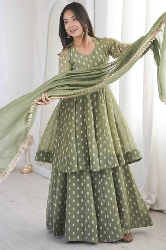 Crunchy silk sharara suit with jacquard butti & dupatta