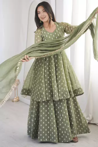 Crunchy silk sharara suit with jacquard butti & dupatta