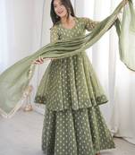 olive green silk sharara suit with jacquard butti & dupatta