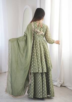 olive green silk sharara suit with jacquard butti & dupatta 2