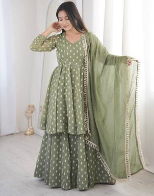 olive green silk sharara suit with jacquard butti & dupatta 3