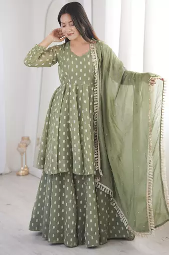 olive green silk sharara suit with jacquard butti & dupatta