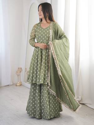 olive green silk sharara suit with jacquard butti & dupatta 4