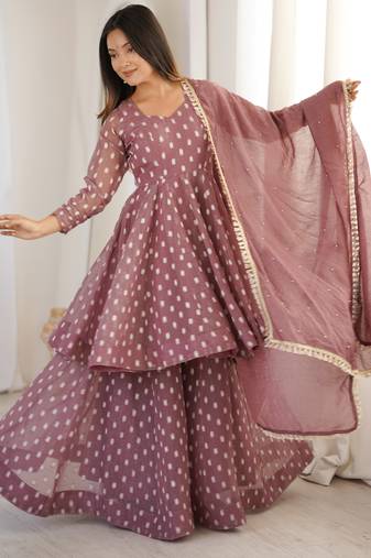 Crunchy silk sharara suit with jacquard butti & dupatta