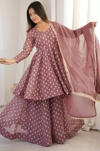 Crunchy silk sharara suit with jacquard butti & dupatta