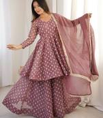 mauve crunchy silk sharara suit with jacquard butti & dupatta