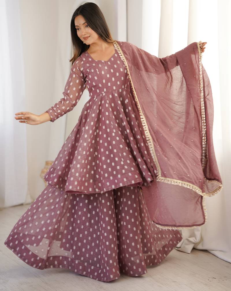 Crunchy silk sharara suit with jacquard butti & dupatta