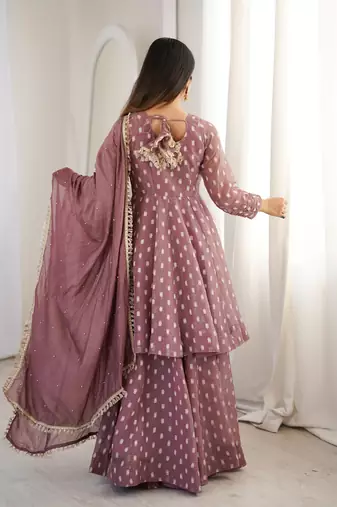 mauve crunchy silk sharara suit with jacquard butti & dupatta