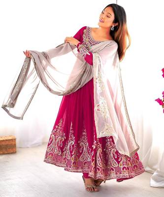 rani pink georgette embroidered anarkali suit set with dupatta 1