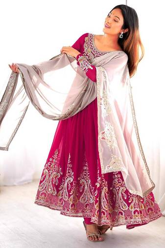 Embroidered georgette anarkali suit with dupatta & pant set