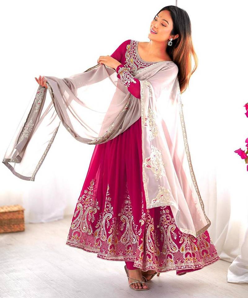 Embroidered georgette anarkali suit with dupatta & pant set