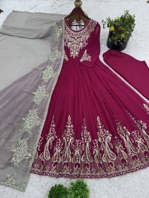 rani pink georgette embroidered anarkali suit set with dupatta 2