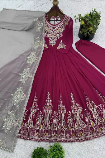 rani pink georgette embroidered anarkali suit set with dupatta