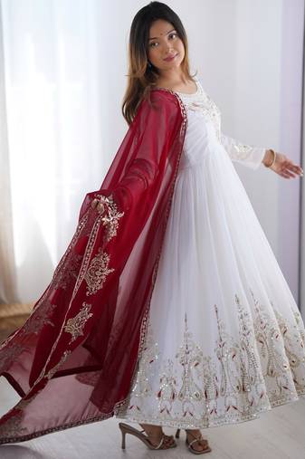 Embroidered georgette anarkali suit with dupatta & pant set