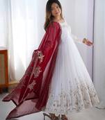 white georgette embroidered anarkali suit set with dupatta