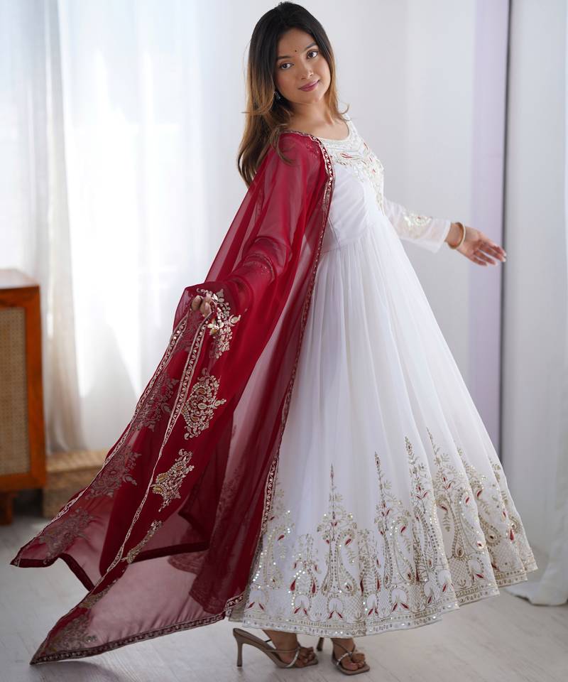 Embroidered georgette anarkali suit with dupatta & pant set