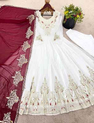 white georgette embroidered anarkali suit set with dupatta 2