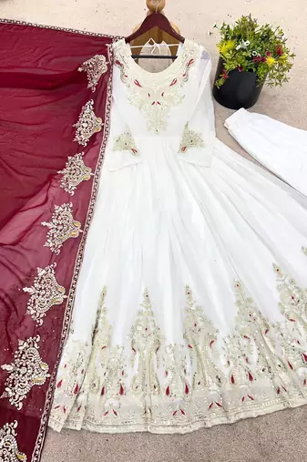 white georgette embroidered anarkali suit set with dupatta