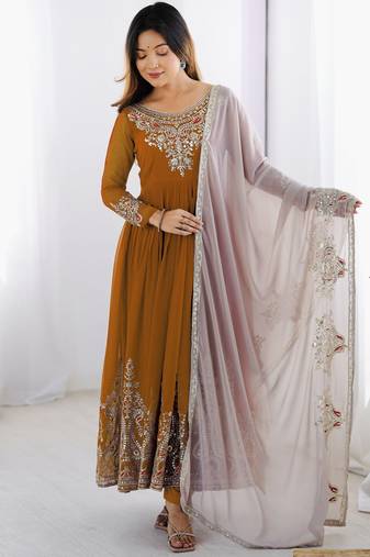 Embroidered georgette anarkali suit with dupatta & pant set