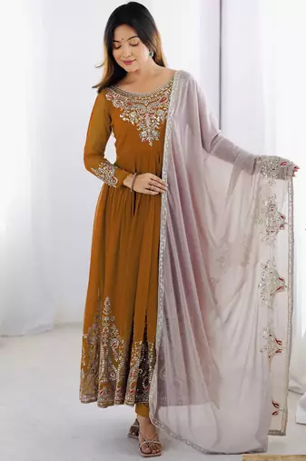 Embroidered georgette anarkali suit with dupatta & pant set